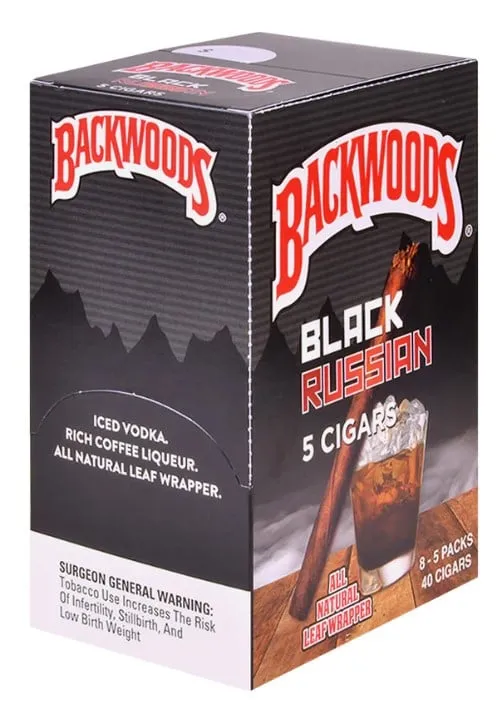 Black Backwoods Black Russian five-cigar pouch in front of matching retail display box 2