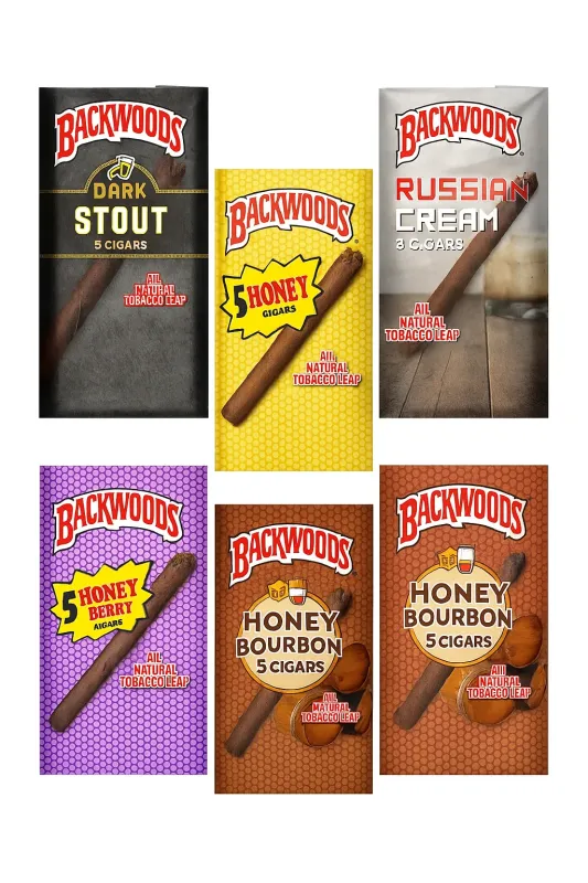 Backwoods retail display with several coloured cigar packages and loose natural-leaf cigars 2