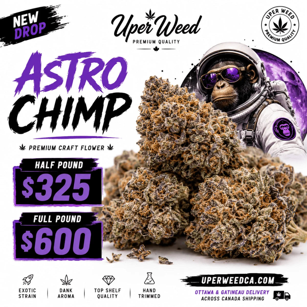 Astro Chimp indica cannabis flower in premium packaging, displaying dense green buds with visible trichomes and natural texture 2