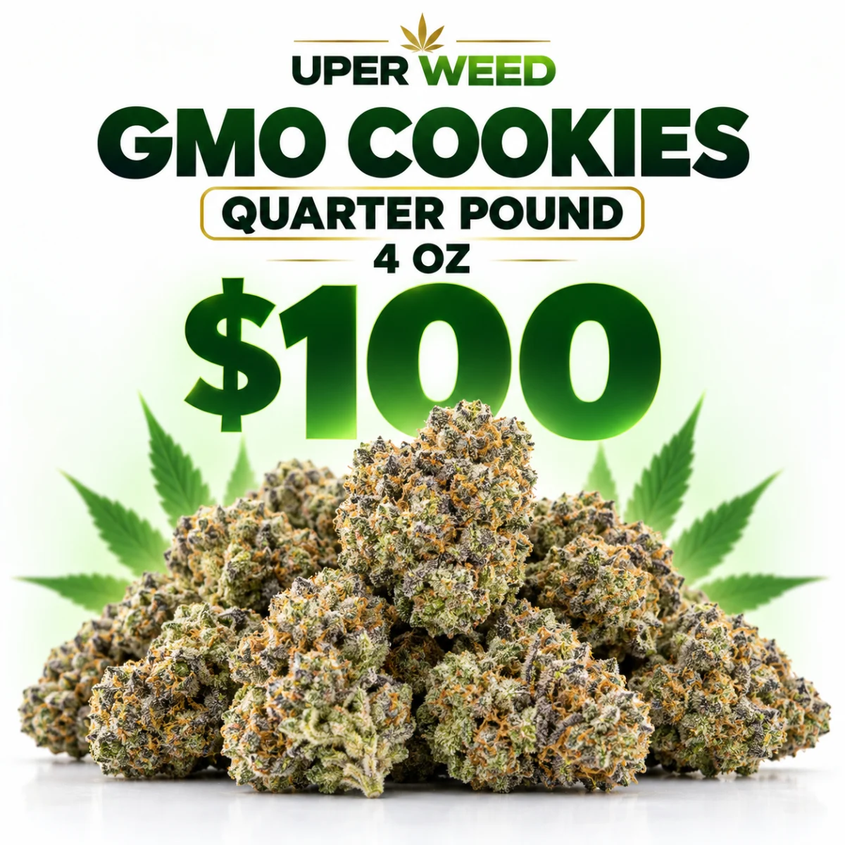 GMO Cookies indica flower by Uper Weed, high-THC cannabis product displayed in bulk quantity 2