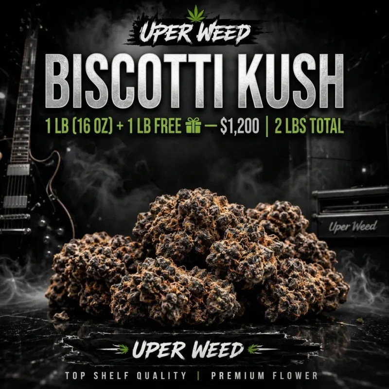 Biscotti Kush indica flower showing dense green buds with visible trichomes, premium cannabis product photography 2