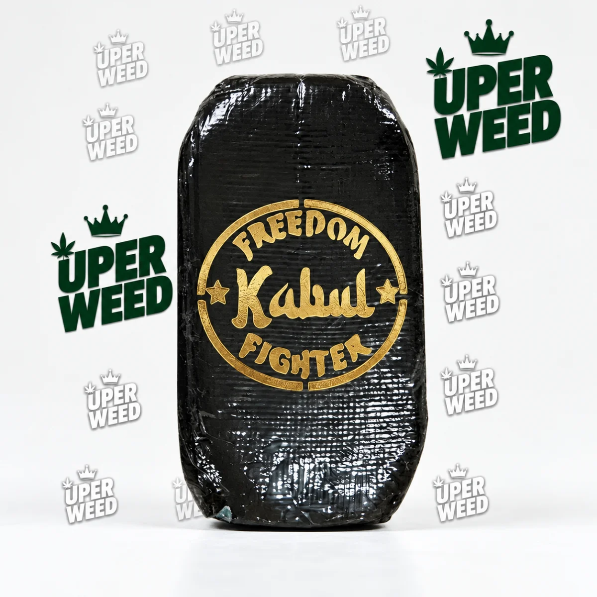 Close-up of Kabul Freedom Fighter Hash concentrate showing texture and color, premium cannabis product photography with deep green styling 2