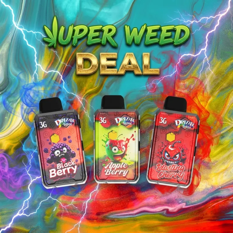 Three premium disposable vape units arranged together, representing The Drizzle Factory Triple Treat Trio Deal from Uper Weed Vapes 4