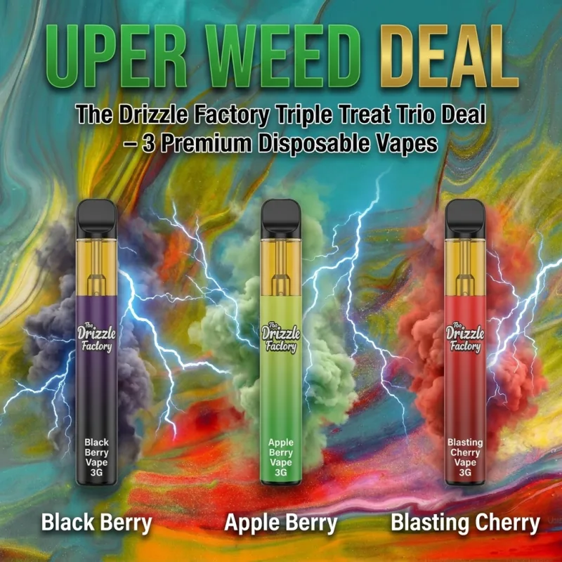 Three premium disposable vape units arranged together, representing The Drizzle Factory Triple Treat Trio Deal from Uper Weed Vapes 2