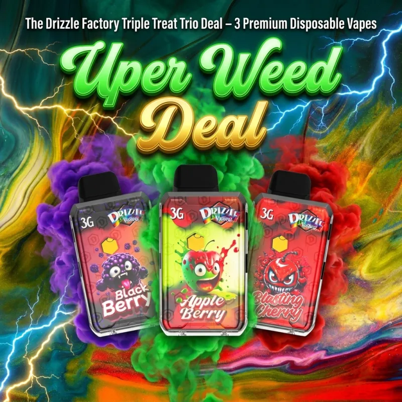 Three premium disposable vape units arranged together, representing The Drizzle Factory Triple Treat Trio Deal from Uper Weed Vapes 3