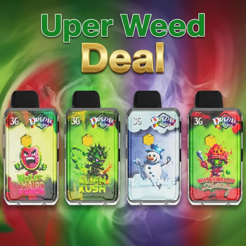 Four premium disposable vapes arranged on a clean surface with modern cannabis lifestyle styling and deep green accents. 2