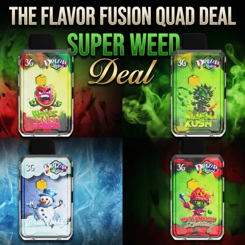 Four premium disposable vapes arranged on a clean surface with modern cannabis lifestyle styling and deep green accents. 3