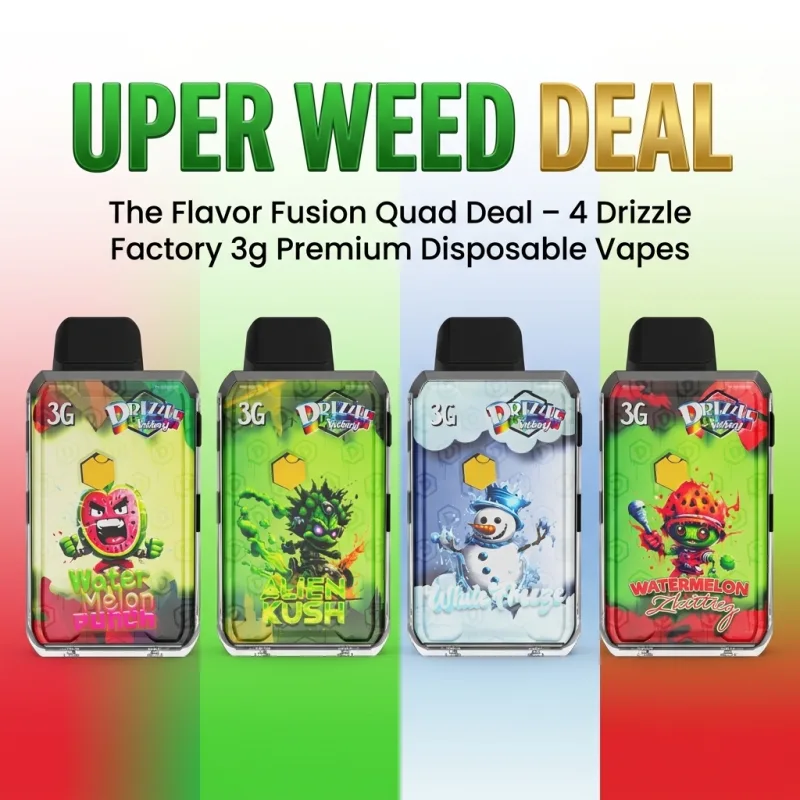 Four premium disposable vapes arranged on a clean surface with modern cannabis lifestyle styling and deep green accents. 4