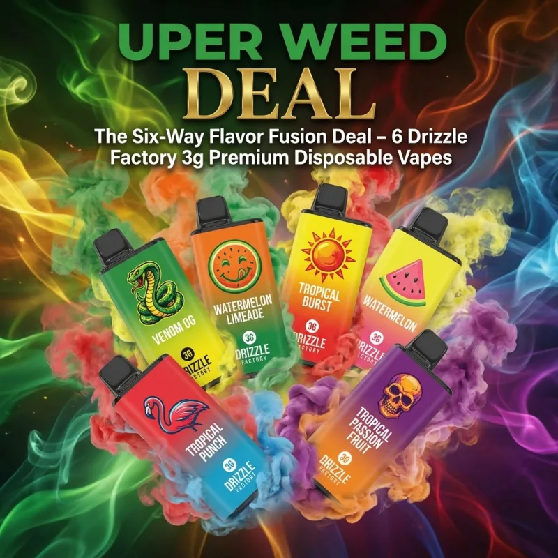 Six premium disposable vapes arranged in a display, showcasing variety and convenience for adult cannabis users. 4