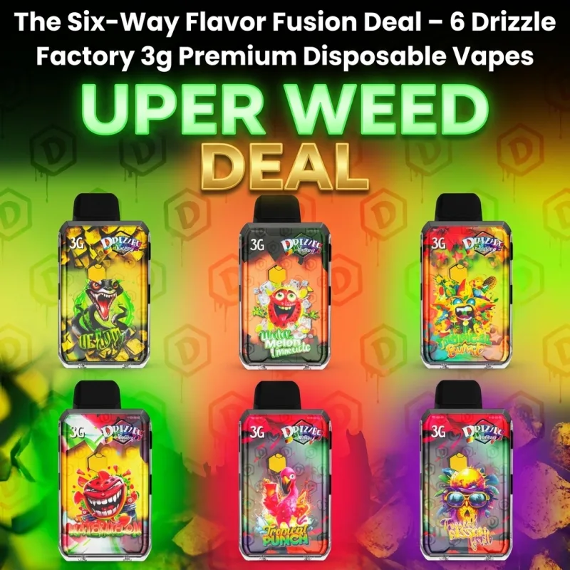 Six premium disposable vapes arranged in a display, showcasing variety and convenience for adult cannabis users. 3