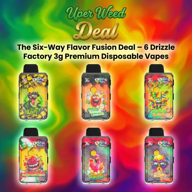 Six premium disposable vapes arranged in a display, showcasing variety and convenience for adult cannabis users. 2