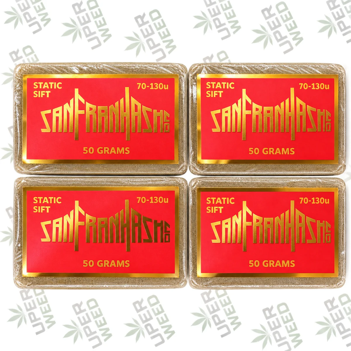 Three dark pressed SanFranHash Co. Static Sift slabs with red 50 gram labels 3