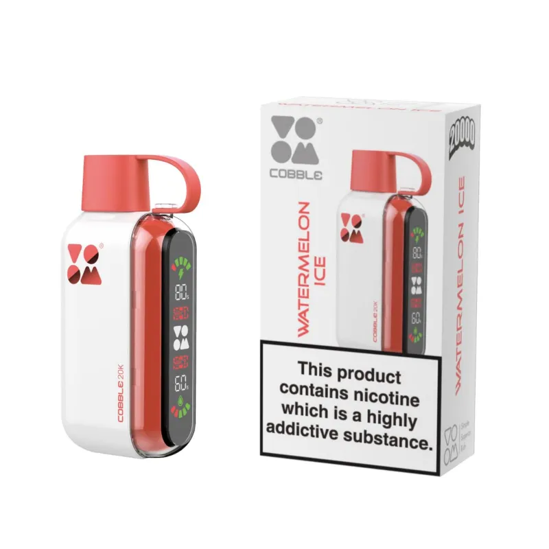 Red and white Cobble 20K Watermelon Ice nicotine vape beside its box 2
