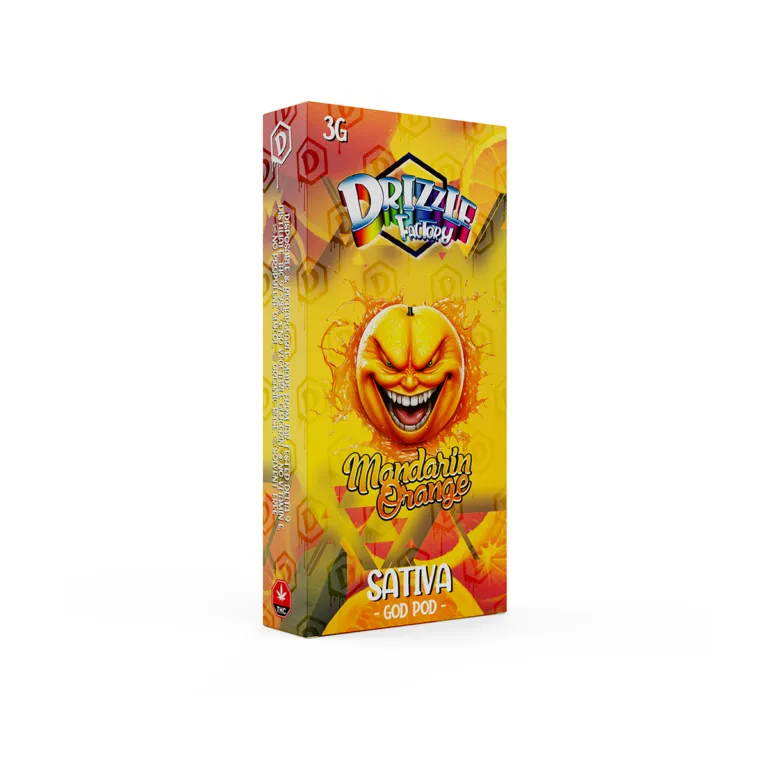 Drizzle Factory Mandarin Orange 3g GOD POD disposable vape package labelled Sativa 2