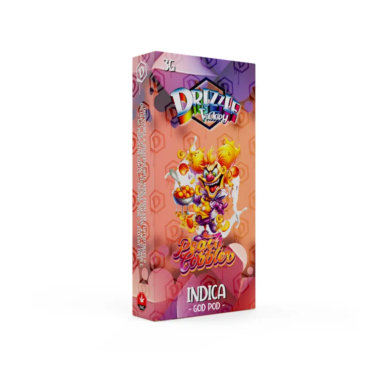 Drizzle Factory Peach Cobbler 3g GOD POD disposable vape package labelled Indica 2