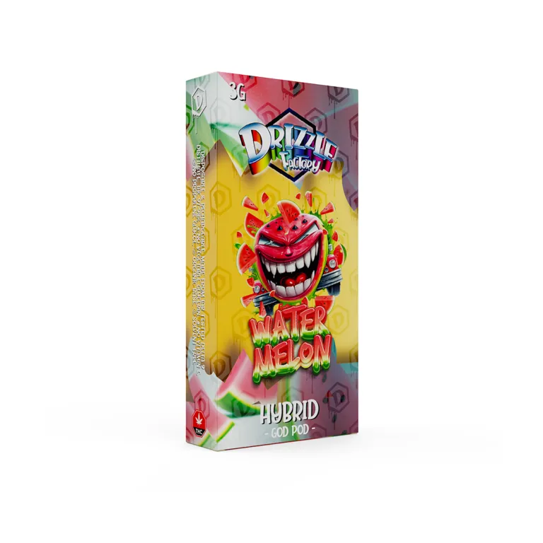 Watermelon-labelled Drizzle Factory 3g vape beside matching Hybrid God Pod box 2