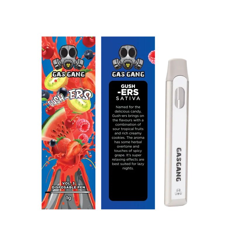 Paint-splashed Gas Gang Blue Slushie Indica 1g box with white disposable pen 11
