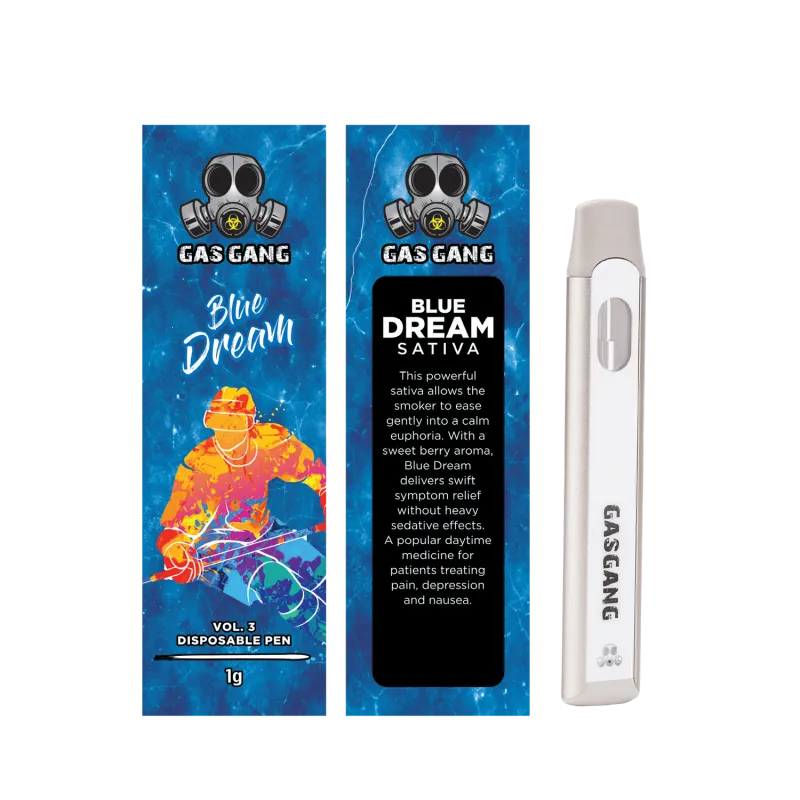 Pink and blue Gas Gang Cotton Candy Kush Indica 1g package with white pen 28