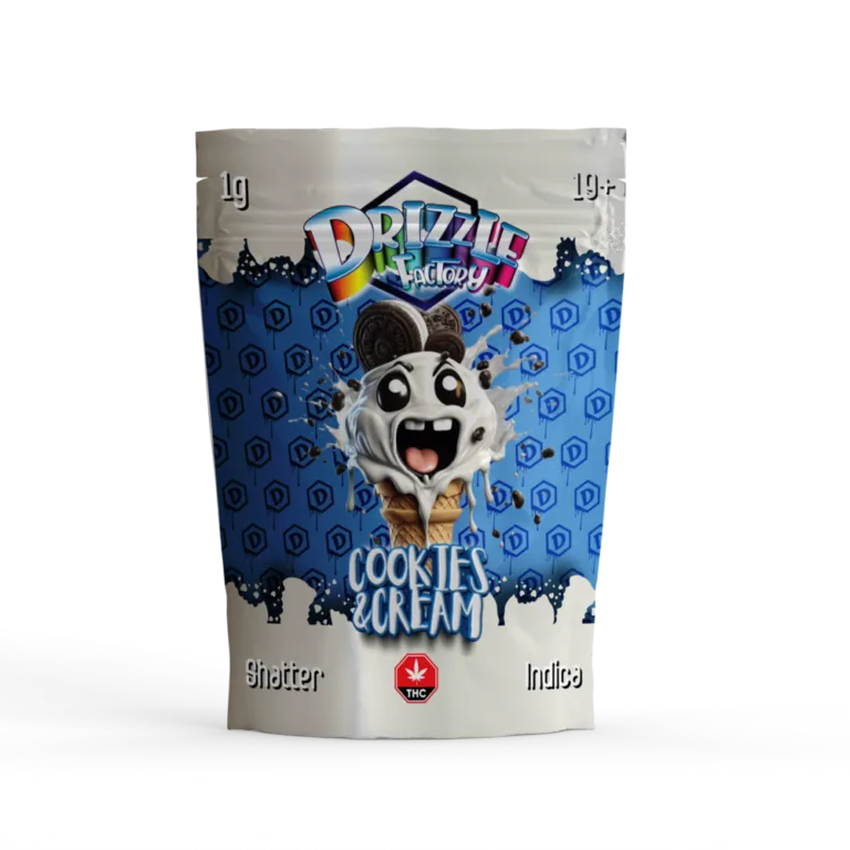 Blue pouch with a dripping square candy character and multicolour background for Tarty Pops 29