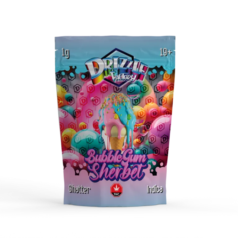 Blue pouch with a dripping square candy character and multicolour background for Tarty Pops 31